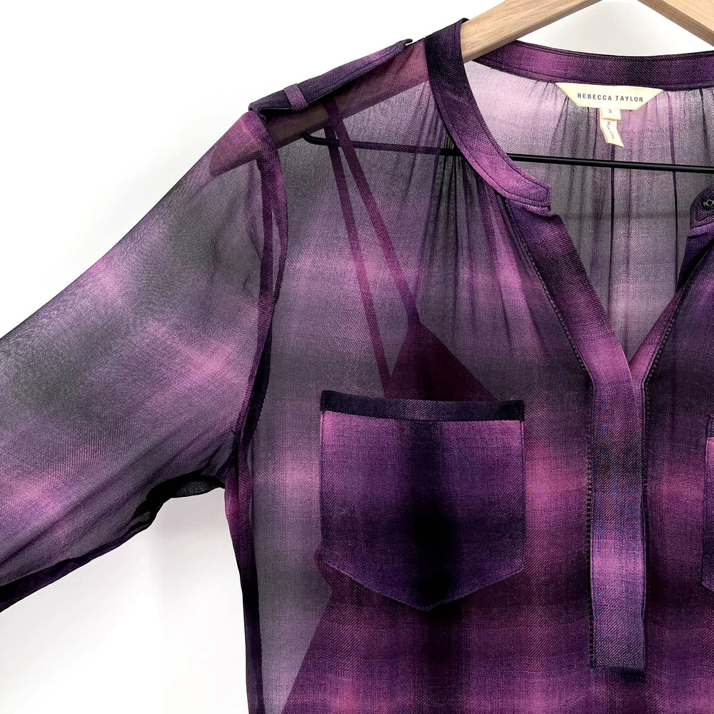 Rebecca Taylor Long Sleeve Plaid Ruffle Dress in Berry Size 2 Purple Black Sheer - Picture 11 of 16